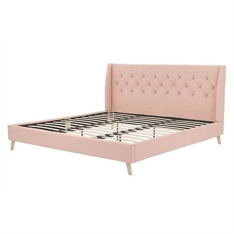 Image of King size Pink Linen Upholstered Wingback Platform Bed Mid-Century Modern