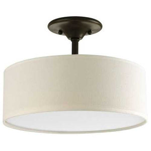 Semi-Flush Mount Ceiling Light w/ Round Off-White Linen Drum Shade in Antique Bronze