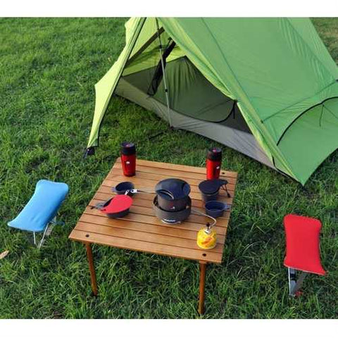 Image of Portable Patio Table with Brown Solid Wood Top and Carry Bag