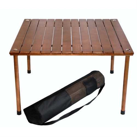 Image of Portable Patio Table with Brown Solid Wood Top and Carry Bag