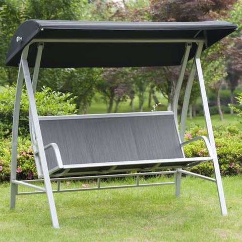 Image of Durable Steel Frame 3-Seat Sling Canopy Swing in Grey for Outdoor Patio Porch