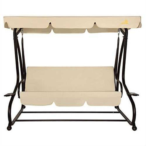 Image of Outdoor 3-Seat Canopy Swing with Beige Cushions for Patio Deck or Porch