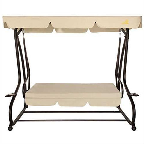 Image of Outdoor 3-Seat Canopy Swing with Beige Cushions for Patio Deck or Porch