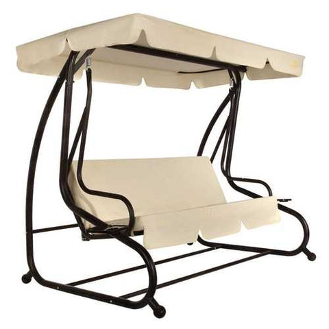 Image of Outdoor 3-Seat Canopy Swing with Beige Cushions for Patio Deck or Porch