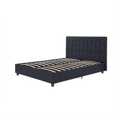 Image of Queen Blue Linen Upholstered Platform Bed with Headboard