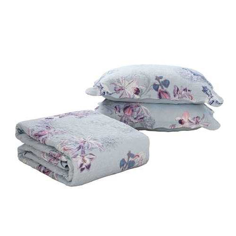 Image of Queen size 3-Piece Cotton Quilt in Purple Floral Bird Pattern