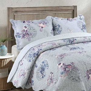 Queen size 3-Piece Cotton Quilt in Purple Floral Bird Pattern