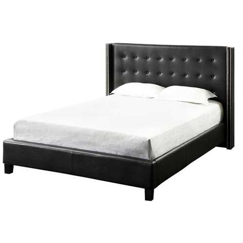 Image of Queen size Black Faux Leather Upholstered Bed with Wingback Headboard