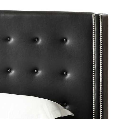 Image of Queen size Black Faux Leather Upholstered Bed with Wingback Headboard