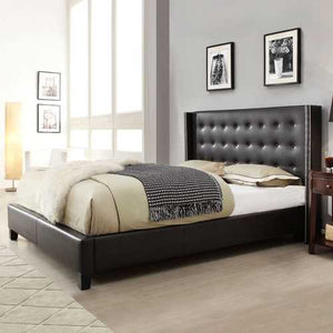 Queen size Black Faux Leather Upholstered Bed with Wingback Headboard