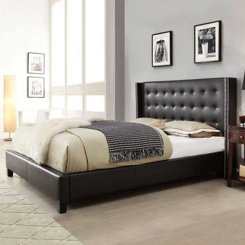 Image of Queen size Black Faux Leather Upholstered Bed with Wingback Headboard