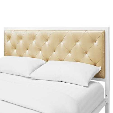 Image of Queen size Contemporary White Metal Platform Bed with Champagne Button Tufted Headboard