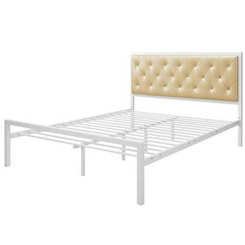 Image of Queen size Contemporary White Metal Platform Bed with Champagne Button Tufted Headboard