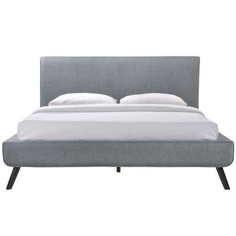 Image of Queen size Mid-Century Platform Bed Frame with Gray Upholstered Headboard