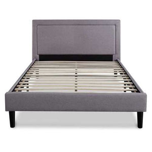 Queen size Platform Bed with Grey Upholstered Headboard and Piped Frame Detail