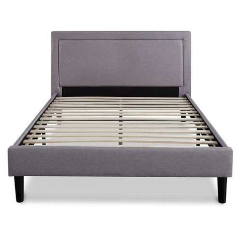 Image of Queen size Platform Bed with Grey Upholstered Headboard and Piped Frame Detail