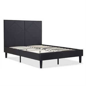 Queen Black Faux Leather Platform Bed Frame with Wood Slats and Upholstered Headboard