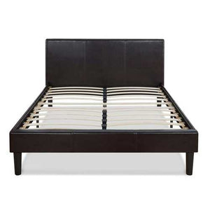 Queen size Modern Platform Bed with Dark Brown Upholstered Faux Leather Headboard