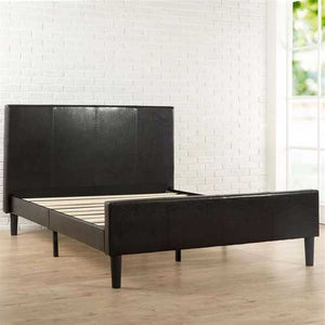 Queen size Espresso Faux Leather Platform Bed with Upholstered Headboard and Footboard