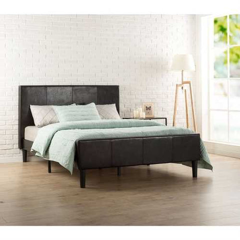 Image of Queen size Espresso Faux Leather Platform Bed with Upholstered Headboard and Footboard