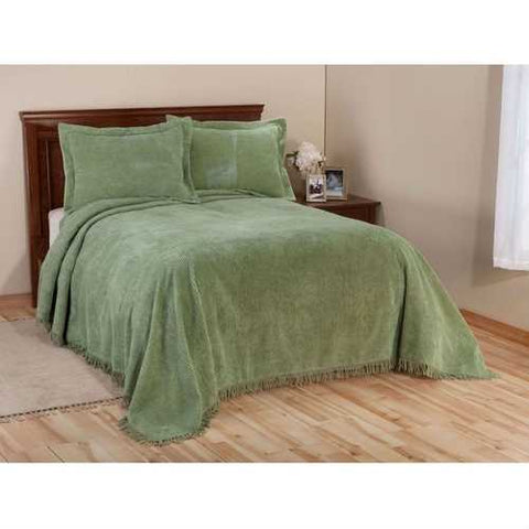 Image of Queen size Sage Green Cotton Chenille Bedspread with Fringe Edge