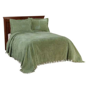 Queen size Sage Green Cotton Chenille Bedspread with Fringe Edge