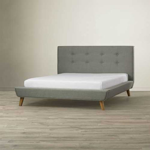 Image of Queen Mid-Century Grey Upholstered Platform Bed with Button-Tufted Headboard