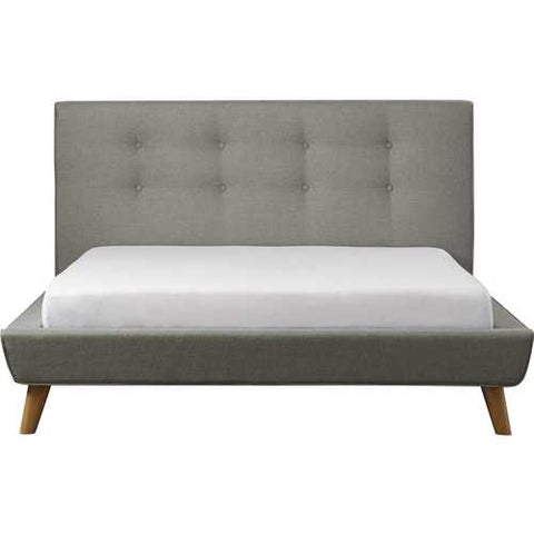 Image of Queen Mid-Century Grey Upholstered Platform Bed with Button-Tufted Headboard