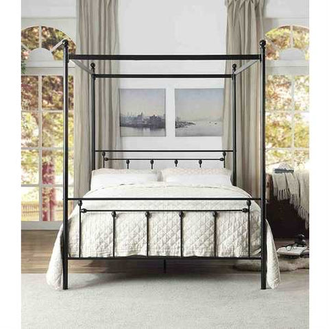 Image of Queen Sturdy Metal Platform Bed Frame with Canopy in Black Metal Finish