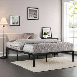 Queen size Black Metal Platform Bed Frame with Wood Slats - No Box-spring Needed