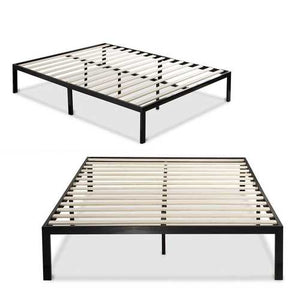 Queen size Black Metal Platform Bed Frame with Wood Slats - No Box-spring Needed