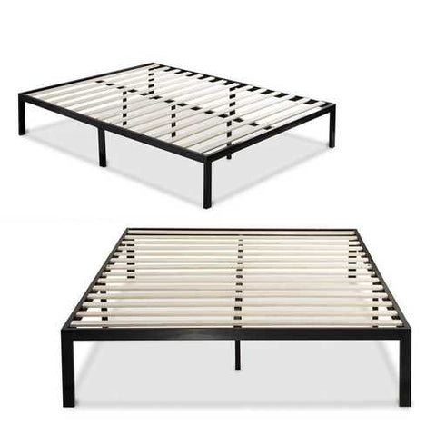 Image of Queen size Black Metal Platform Bed Frame with Wood Slats - No Box-spring Needed