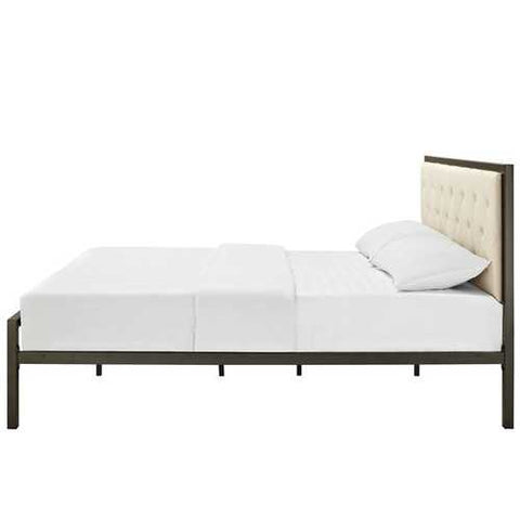 Image of Queen size Modern Metal Platform Bed with Beige Button Tufted Headboard Upholstered