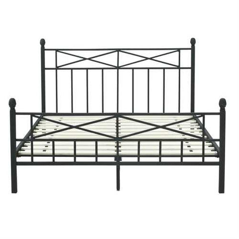 Image of Queen size Matte Black Metal Platform Bed Frame with Headboard Footboard and Wooden Slats