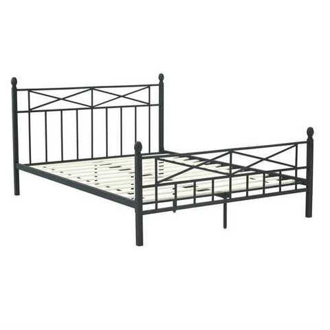 Image of Queen size Matte Black Metal Platform Bed Frame with Headboard Footboard and Wooden Slats