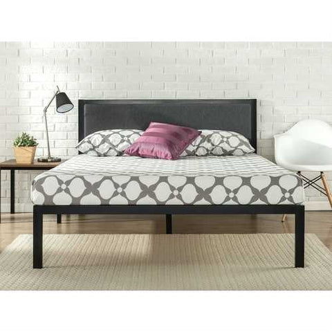 Image of Queen size Metal Platform Bed Frame with Wood Slats and Upholstered Headboard