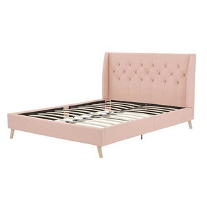 Queen Pink Linen Upholstered Mid-Century Modern Platform Bed with Wingback Headboard