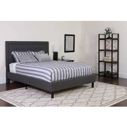 Image of Queen size Dark Gray Fabric Upholstered Platform Bed Frame with Headboard