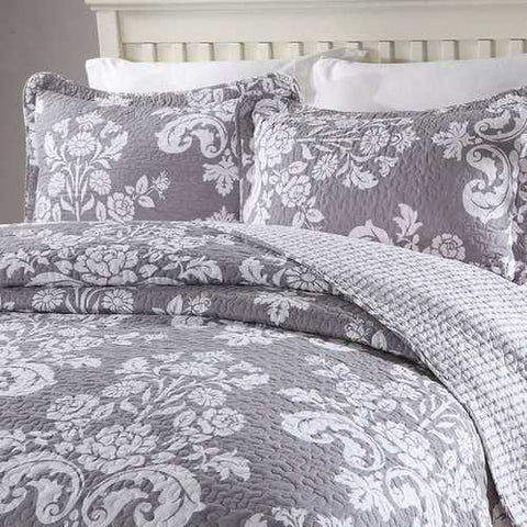 Image of Queen 3-Piece Cotton Quilt Bedspread Set with Grey White Floral Pattern