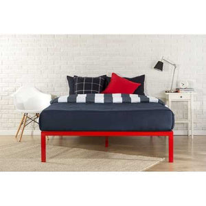 Queen Modern Red Metal Platform Bed Frame with Wooden Slats