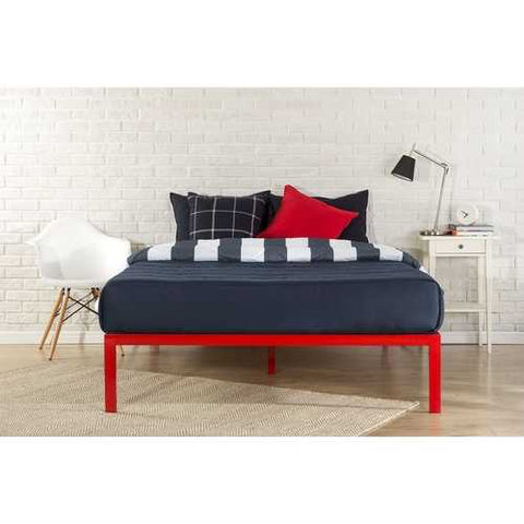 Image of Queen Modern Red Metal Platform Bed Frame with Wooden Slats