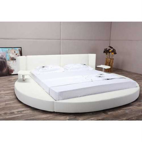 Image of Queen size Modern Round Platform Bed with LED Headboard in White Faux Leather