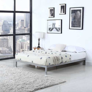 Queen size Silver Metal Platform Bed Frame with Wooden Slats