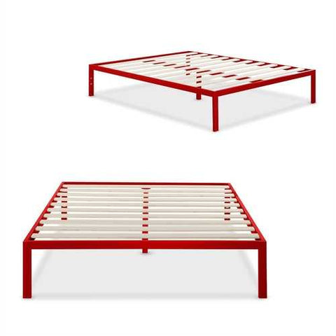 Image of Queen size 14-inch High Modern Platform Bed with Red Metal Frame and Wood Slats