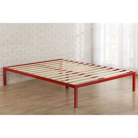 Image of Queen size 14-inch High Modern Platform Bed with Red Metal Frame and Wood Slats