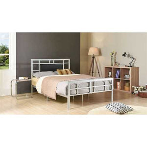 Queen Modern Classic Silver Metal Platform Bed Frame with Upholstered Headboard