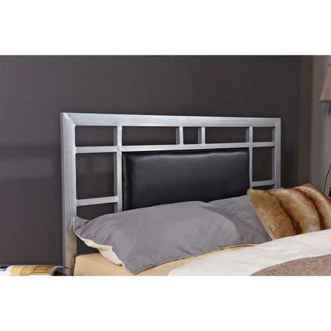 Image of Queen Modern Classic Silver Metal Platform Bed Frame with Upholstered Headboard