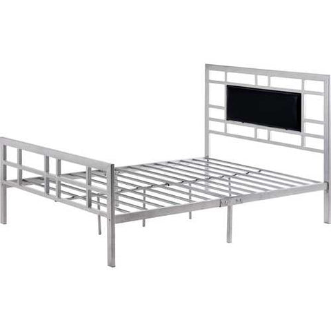 Image of Queen Modern Classic Silver Metal Platform Bed Frame with Upholstered Headboard