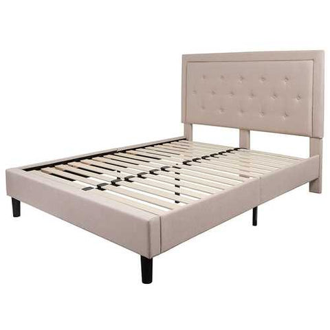 Image of Queen Beige Upholstered Platform Bed Frame with Button Tufted Headboard