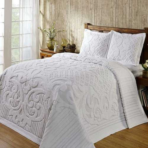 Image of Queen size 3-piece 100-Percent Cotton Chenille Bedspread in White with Shams